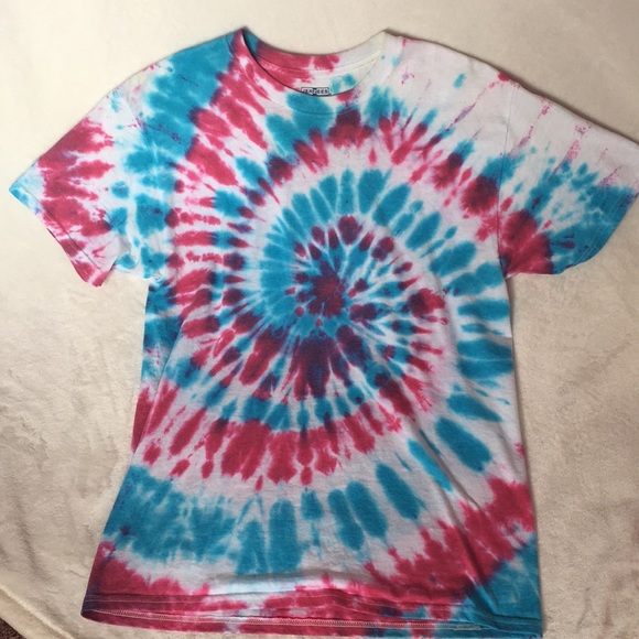 red and blue tie dye shirt